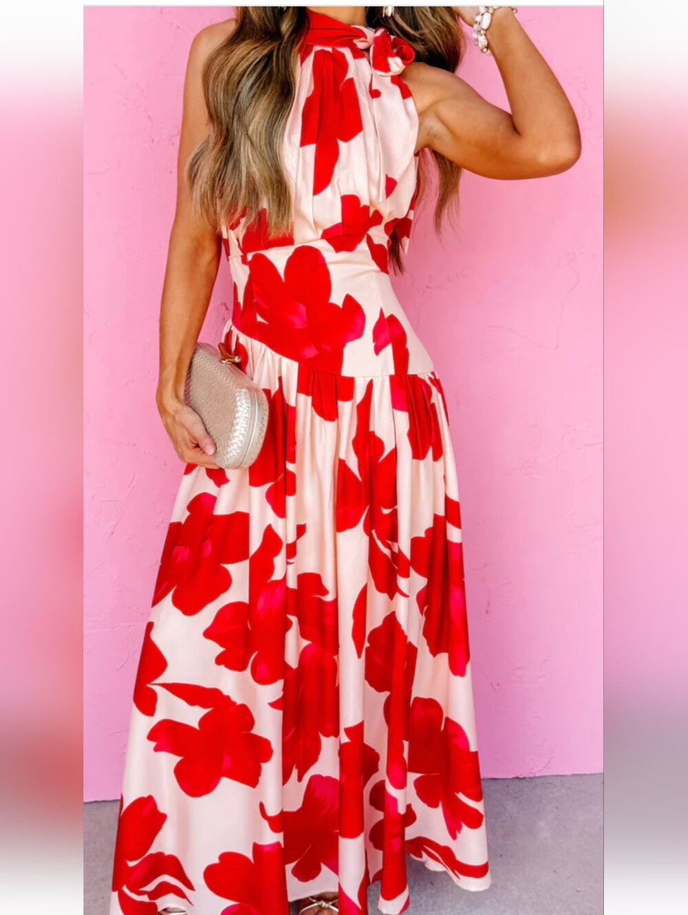 Red Floral Halter Maxi Dress - Elegant Summer Style